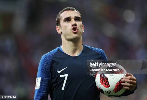 Antoine Griezmann of France is seen during the 2018 FIFA World Cup Russia Final between France and Croatia at Luzhniki Stadium on July 15, 2018 in...
