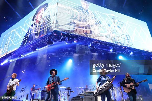 Jeremy Gara, Win Butler, Regine Chassagne, and Tim Kingsbury of Arcade Fire performs during the 2018 Forecastle Music Festival at Louisville...