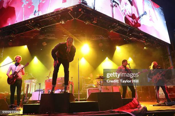 Richard Reed Parry, Win Butler, Will Butler, and Tim Kingsbury of Arcade Fire performs during the 2018 Forecastle Music Festival at Louisville...