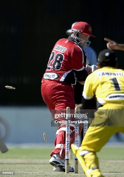 Chris Davies of South Australia is out bowled Jo Angel for 40 in the ING Cup day-night match between Western Australia and South Australia played at...