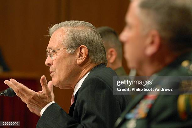 Secretary of Defense, Donald Rumsfeld, Chairman of the Joint Chiefs of Staff Gen. Peter Pace, and Army General John Abizaid testify before the Senate...