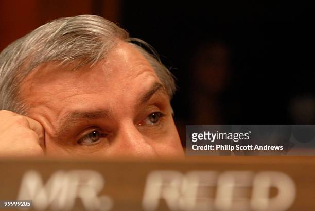 Sen. Jack Reed, D-RI, listens to Secretary of Defense, Donald Rumsfeld, Chairman of the Joint Chiefs of Staff Gen. Peter Pace, and Army General John...
