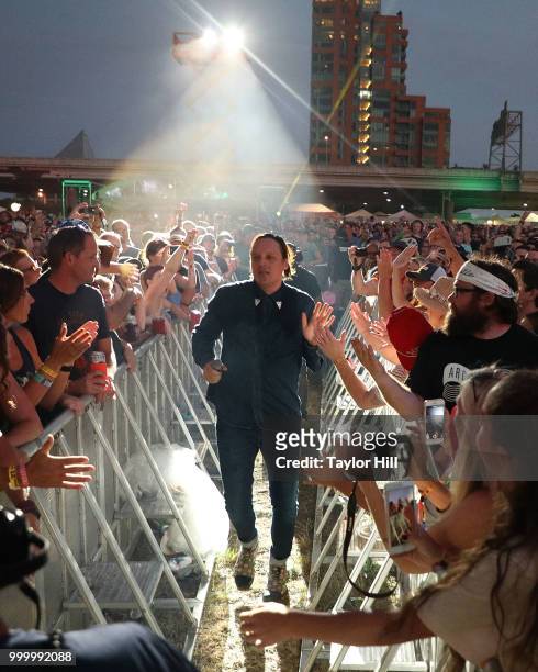 Win Butler of Arcade Fire performs marching through the crowd during the 2018 Forecastle Music Festival at Louisville Waterfront Park on July 15,...