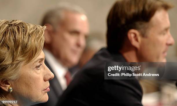 Sen. Hillary Clinton, D-NY, listens to Secretary of Defense, Donald Rumsfeld testifies before the Senate Armed Services Committee on the war in Iraq...