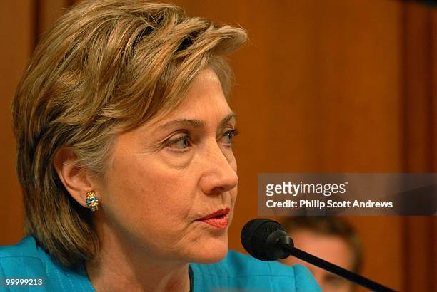 Sen. Hillary Clinton, D-NY asks Secretary of Defense, Donald Rumsfeld a question before the Senate Armed Services Committee on the war in Iraq and...