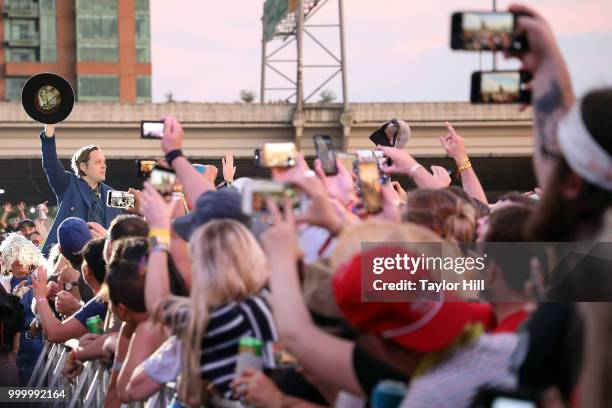 Win Butler of Arcade Fire performs marching through the crowd during the 2018 Forecastle Music Festival at Louisville Waterfront Park on July 15,...