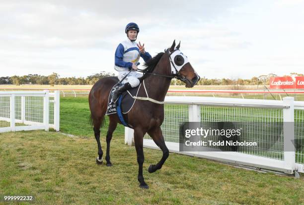 Canelo ridden by Damien Thornton retuirns after the QLS Logistics Murtoa Cup 6th Oct BM64 Handicap at Murtoa Racecourse on July 16, 2018 in Murtoa,...