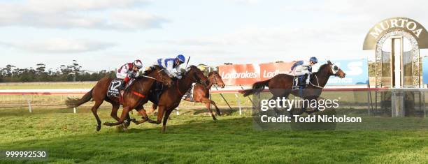 Canelo ridden by Damien Thornton wins the QLS Logistics Murtoa Cup 6th Oct BM64 Handicap at Murtoa Racecourse on July 16, 2018 in Murtoa, Australia.