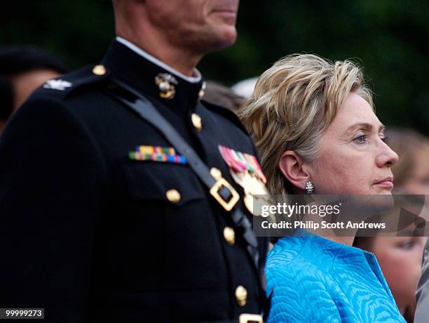 Sen. Hillary Clinton D-Ny. Attends the Marine Corps "Sunset Parade" in front of the Iwo Jima memorial.