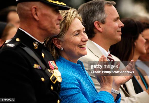 Sen. Hillary Clinton D-Ny. Attends the Marine Corps "Sunset Parade" in front of the Iwo Jima memorial.