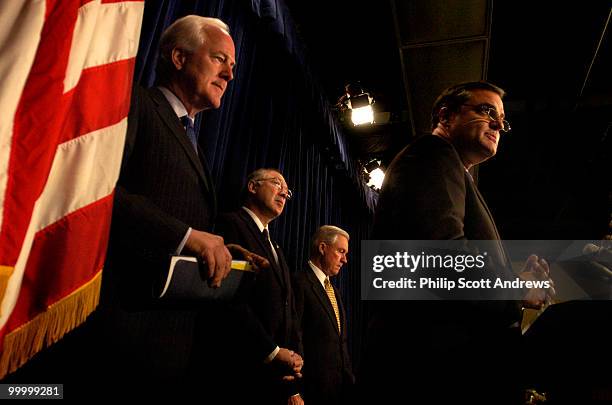 Senators John Cornyn, R-Tex, Ken Salazar, D-Col, Jeff Sessions, R-Ala, and Mark Pryor, D-Ark, hold a press conference to discuss the introduction of...