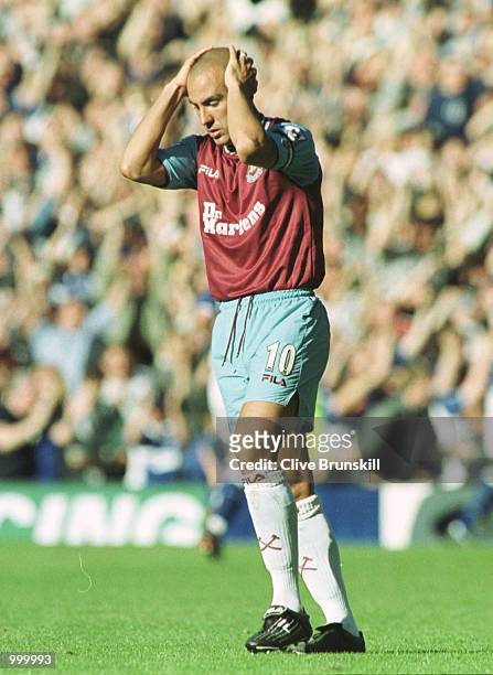 Palo Di Canio of West Ham with hand on his head during the match between Everton and West Ham United in the FA Barclaycard Premiership at Goodison...