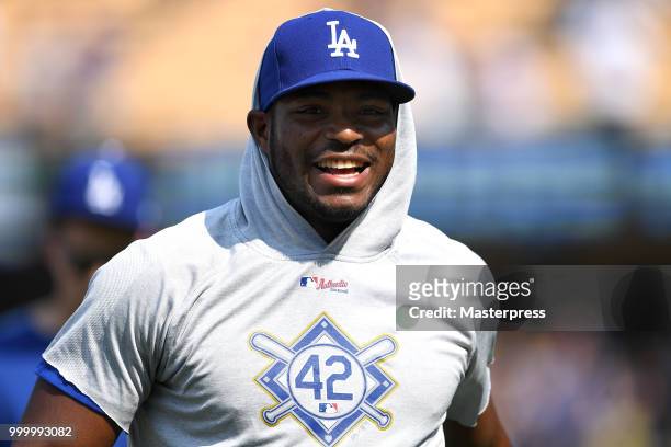 Yasiel Puig of the Los Angeles Dodgers smiles after the MLB game against the Los Angeles Angels at Dodger Stadium on July 15, 2018 in Los Angeles,...