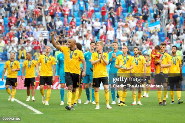 Brelgium players applaud supporters after their 2-0 victory in the FIFA 2018 World Cup Russia Play-off for third place match between Belgium and...