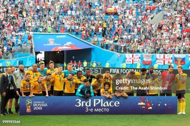 Brelgium players celebrate after their 2-0 victory in the FIFA 2018 World Cup Russia Play-off for third place match between Belgium and England at...