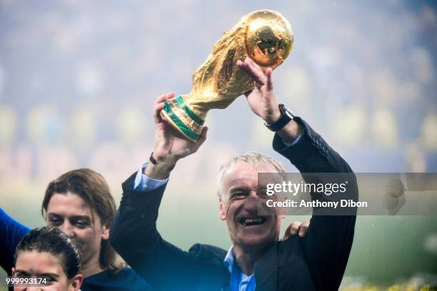 Didier Deschamps coach of France with the trophy during the World Cup Final match between France and Croatia at Luzhniki Stadium on July 15, 2018 in...