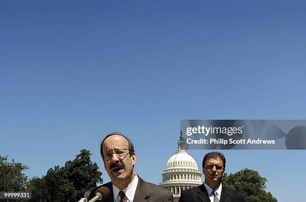 Eliot Engel, D-NY, and Avni Mustafaj, Executive Director of the National Albanian American Council, held a press conference outside the Cannon House...