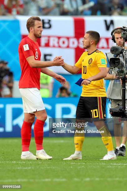 Eden Hazard of Belgium and Harry Kane of England shake hands after the FIFA 2018 World Cup Russia Play-off for third place match between Belgium and...