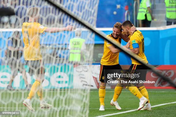 Eden Hazard of Belgium celebrates their team's second goal with his team mates during the FIFA 2018 World Cup Russia Play-off for third place match...