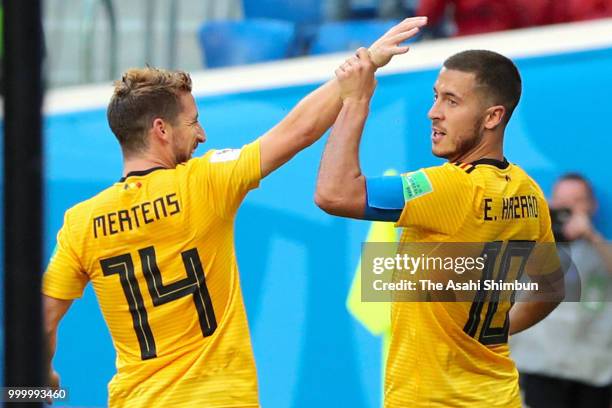 Eden Hazard of Belgium celebrates their team's second goal with his team mate Dries Mertens during the FIFA 2018 World Cup Russia Play-off for third...