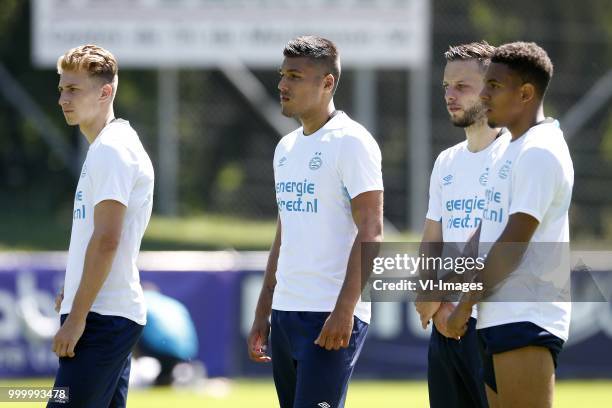 , Matthias Verreth of PSV, Joel Piroe of PSV, Bart Ramselaar of PSV during the training camp of PSV Eindhoven at the Stade St-Marc traingscomplex on...