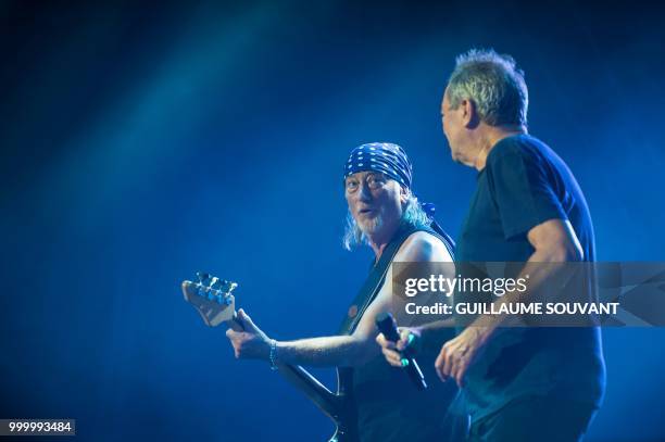 British bassist Roger Glover and British singer Ian Gillan of the rock band Deep Purple perform on the stage on July 14, 2018 during the American...