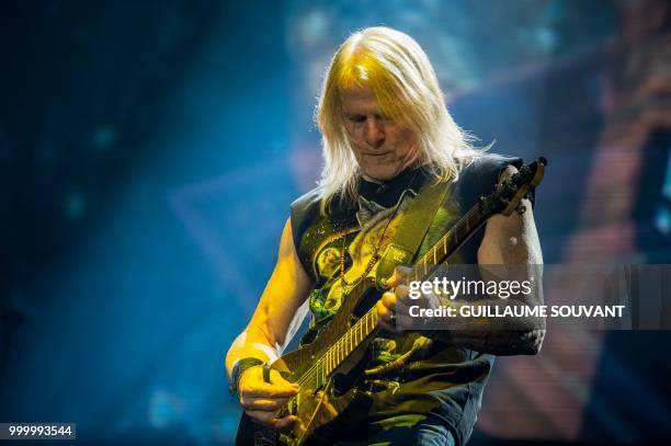 Guitarist Steve Morse of the rock band Deep Purple perform on the stage on July 14, 2018 during the American Tours Festival.