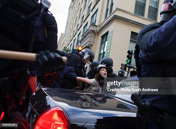 Woman was arrested during an anti-war protest at Mears Park in downtown St. Paul on Tuesday afternoon.