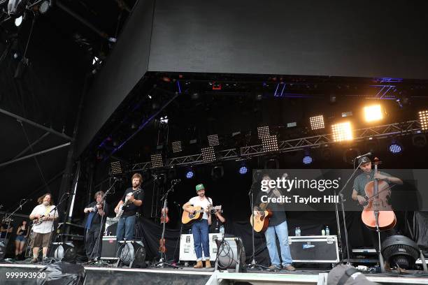Erik Berry, Ryan Young, Dave Carroll, Dave Simonett, Tim Saxhaug, and Eamonn McClain of Trampled by Turtles perform during the 2018 Forecastle Music...