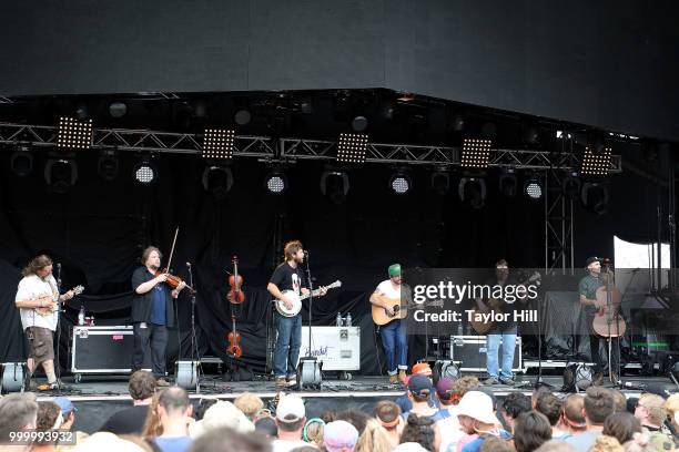 Erik Berry, Ryan Young, Dave Carroll, Dave Simonett, Tim Saxhaug, and Eamonn McClain of Trampled by Turtles perform during the 2018 Forecastle Music...