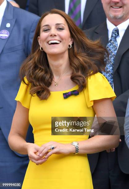 Catherine, Duchess of Cambridge attends the men's single final on day thirteen of the Wimbledon Tennis Championships at the All England Lawn Tennis...