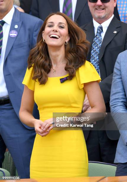 Catherine, Duchess of Cambridge attends the men's single final on day thirteen of the Wimbledon Tennis Championships at the All England Lawn Tennis...