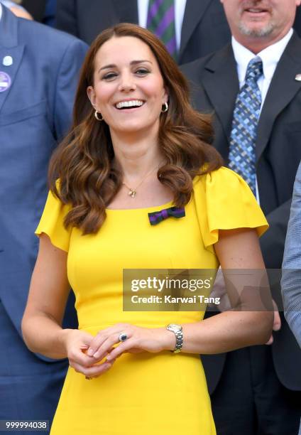 Catherine, Duchess of Cambridge attends the men's single final on day thirteen of the Wimbledon Tennis Championships at the All England Lawn Tennis...