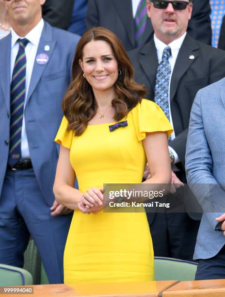 Catherine, Duchess of Cambridge attends the men's single final on day thirteen of the Wimbledon Tennis Championships at the All England Lawn Tennis...