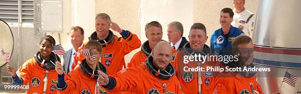 Mission Specialists Stephanie Wilson, Lisa Nowak, Thomas Reiter, Piers Sellers, Pilot Mark Kelly, Mission Specialist Mike Fossum, and Commander Steve...