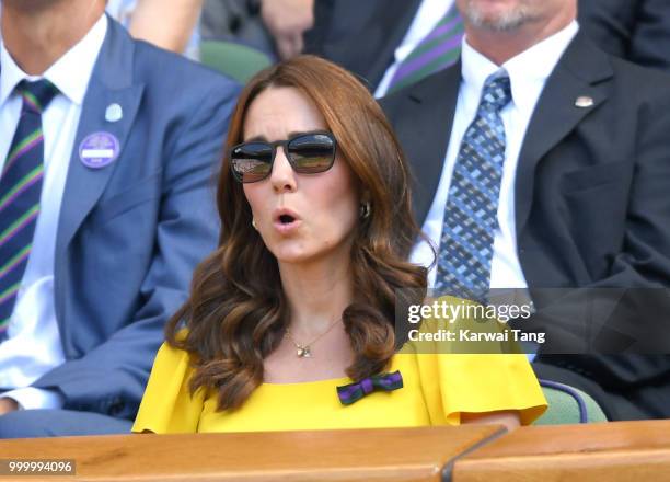 Catherine, Duchess of Cambridge attends the men's single final on day thirteen of the Wimbledon Tennis Championships at the All England Lawn Tennis...