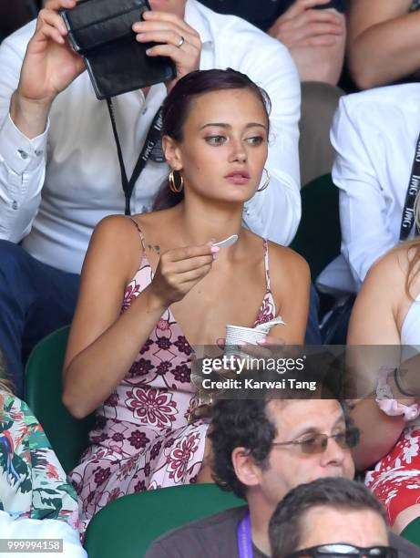 Ella Purnell attends the men's single final on day thirteen of the Wimbledon Tennis Championships at the All England Lawn Tennis and Croquet Club on...