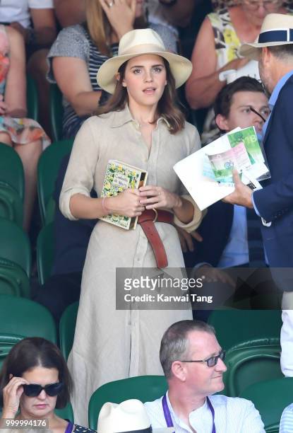 Emma Watson attends the men's single final on day thirteen of the Wimbledon Tennis Championships at the All England Lawn Tennis and Croquet Club on...