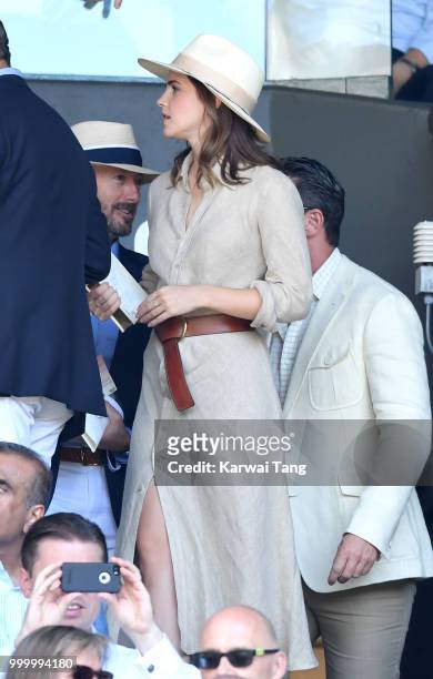 Emma Watson attends the men's single final on day thirteen of the Wimbledon Tennis Championships at the All England Lawn Tennis and Croquet Club on...