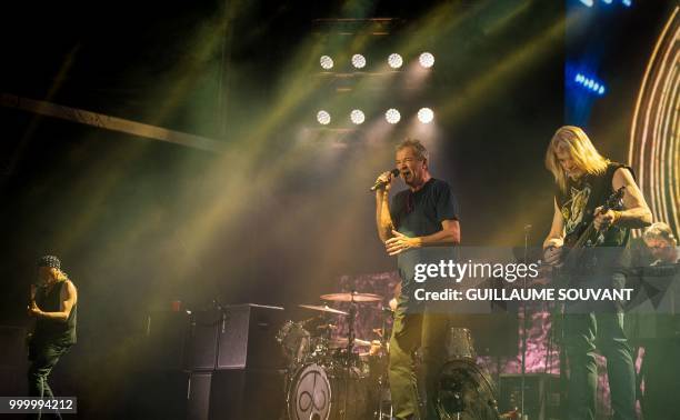 British bassist Roger Glover , British singer Ian Gillan and US guitarist Steve Morse of the rock band Deep Purple perform on the stage on July 14,...