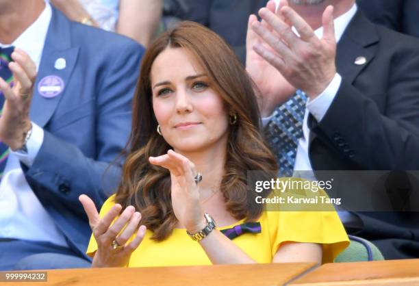 Catherine, Duchess of Cambridge attends the men's single final on day thirteen of the Wimbledon Tennis Championships at the All England Lawn Tennis...