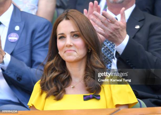 Catherine, Duchess of Cambridge attends the men's single final on day thirteen of the Wimbledon Tennis Championships at the All England Lawn Tennis...