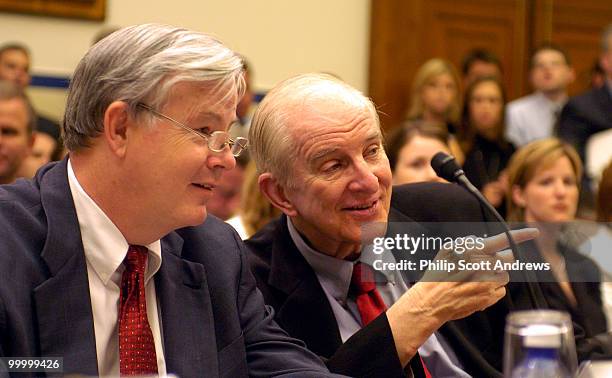 Rep. Joe Barton, R-Tex, talks with Rep Sam Johnson, R-Tex, speaks during an Aviation Subcommittee hearing on "Reforming the Wright Amendment." an...