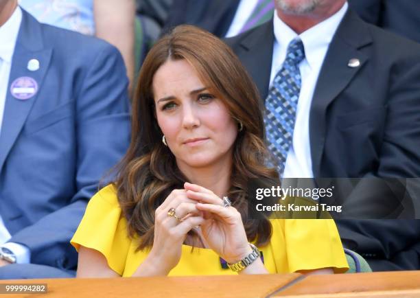 Catherine, Duchess of Cambridge attends the men's single final on day thirteen of the Wimbledon Tennis Championships at the All England Lawn Tennis...