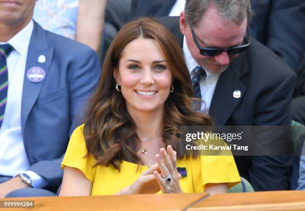 Catherine, Duchess of Cambridge attends the men's single final on day thirteen of the Wimbledon Tennis Championships at the All England Lawn Tennis...