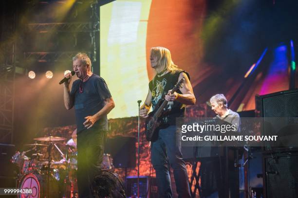 British singer Ian Gillan and US guitarist Steve Morse of the rock band Deep Purple perform on the stage on July 14, 2018 during the American Tours...