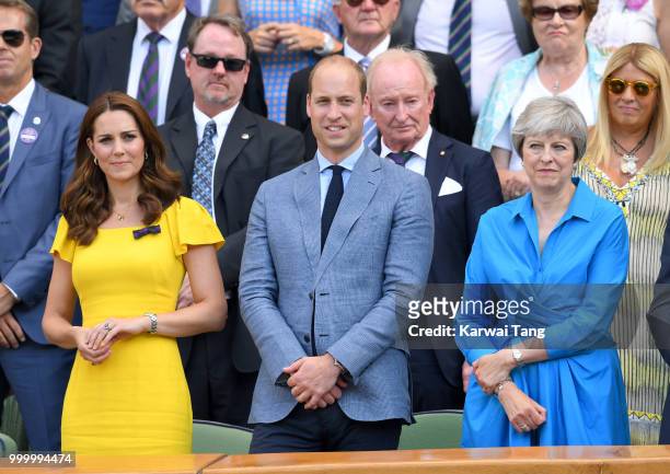 Catherine, Duchess of Cambridge, Prince William, Duke of Cambridge and Prime Minister Theresa May attend the men's single final on day thirteen of...