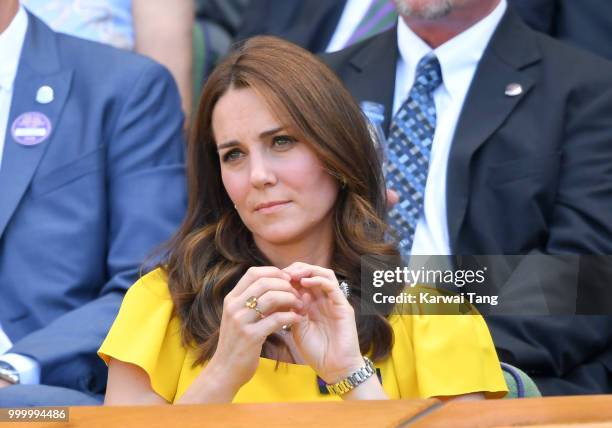 Catherine, Duchess of Cambridge attends the men's single final on day thirteen of the Wimbledon Tennis Championships at the All England Lawn Tennis...