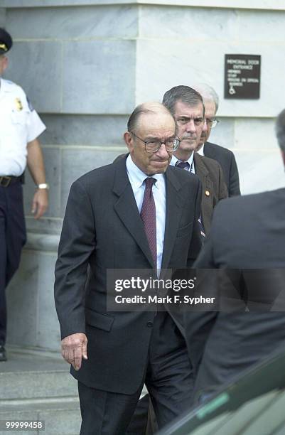 Allen Greenspan, leaving a meeting at the Capital which also included former Treasury Secretary Robert Rubin, in route to the White House for a...