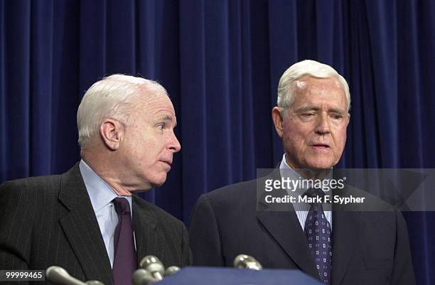 At the Senate Radio and T.V. Gallery on Thursday, Senator John McCain and Senator Ernest F. Hollings encourage the press to keep the government and...